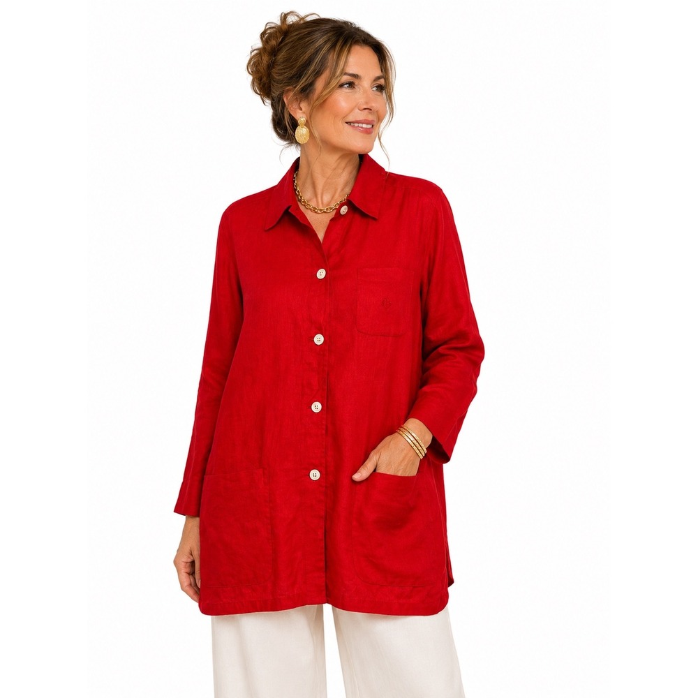 Lauren Ralph Lauren Red 100% Linen Button Down Tunic Jacket 1X Coastal Grandma